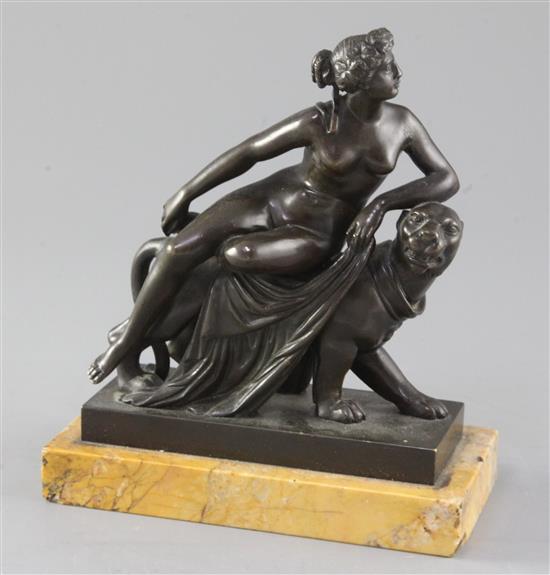 A Victorian bronze group of Ariadne reclining upon a leopard, height 7in.